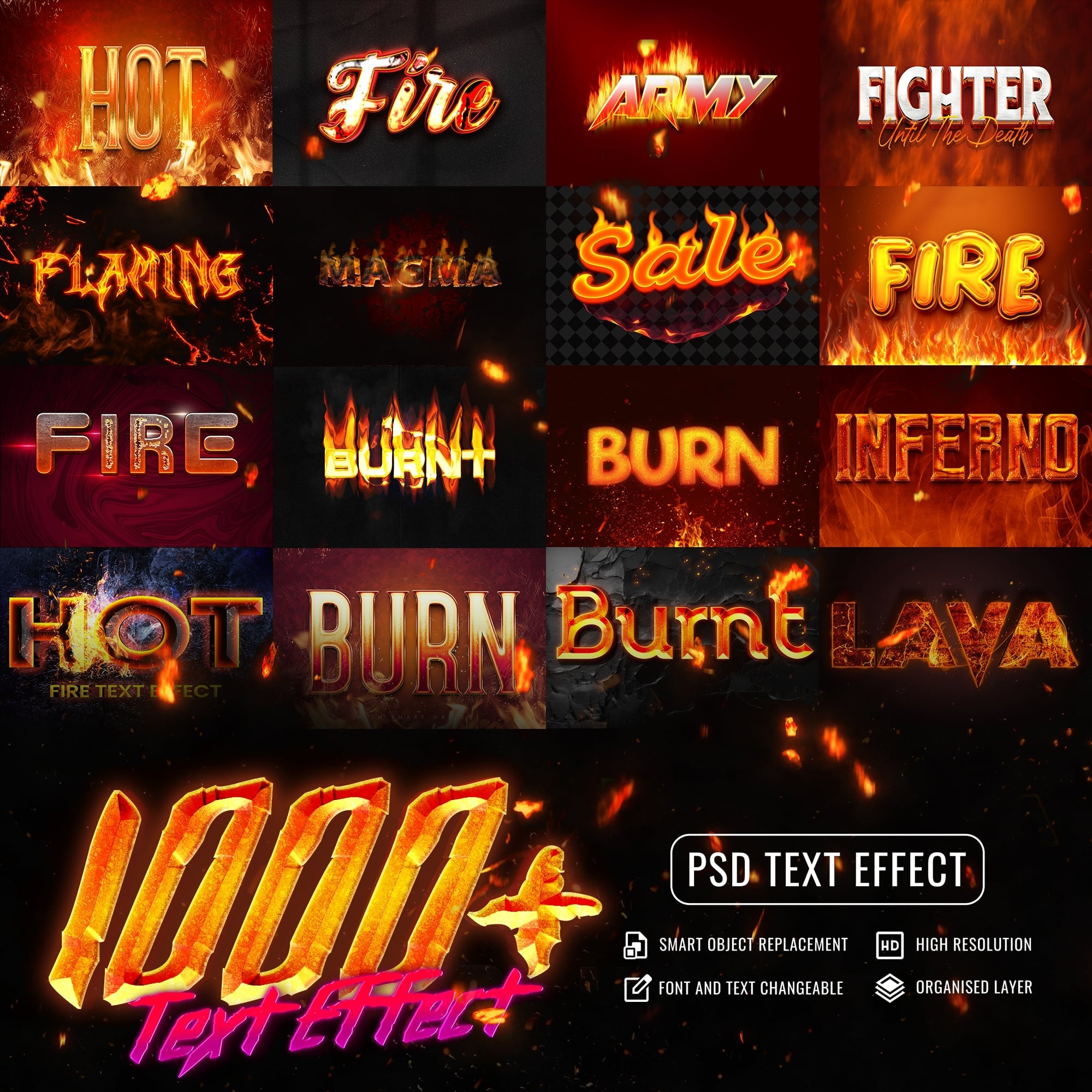 1000+ Editable 3D Photoshop Fire Texts & Styles Effects Bundle