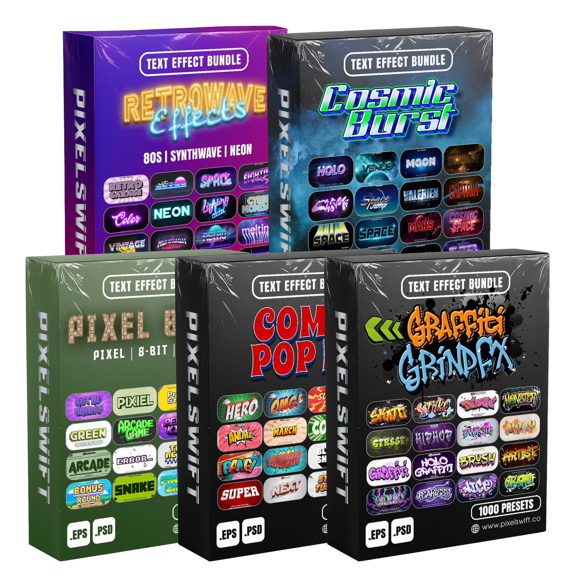 Creative FX Pack – 5,000+ Editable Retro, Pixel, Graffiti, Cosmic & Comic Text Effects (PSD + EPS)