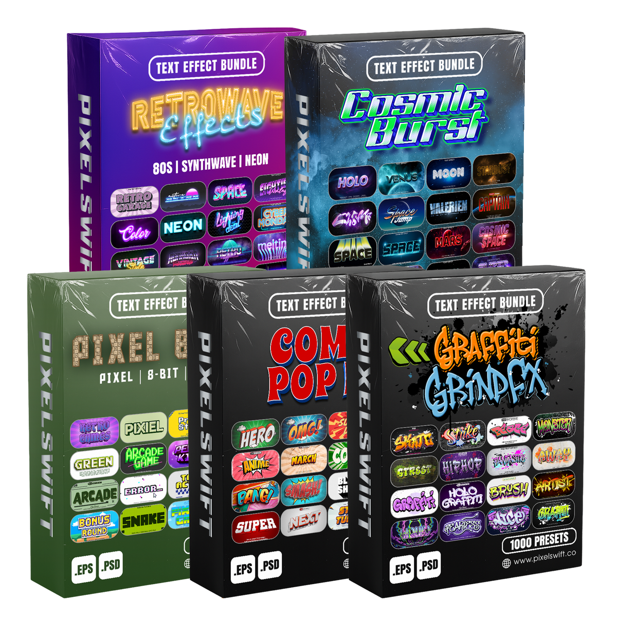 Creative FX Pack – 5,000+ Editable Retro, Pixel, Graffiti, Cosmic & Comic Text Effects (PSD + EPS)