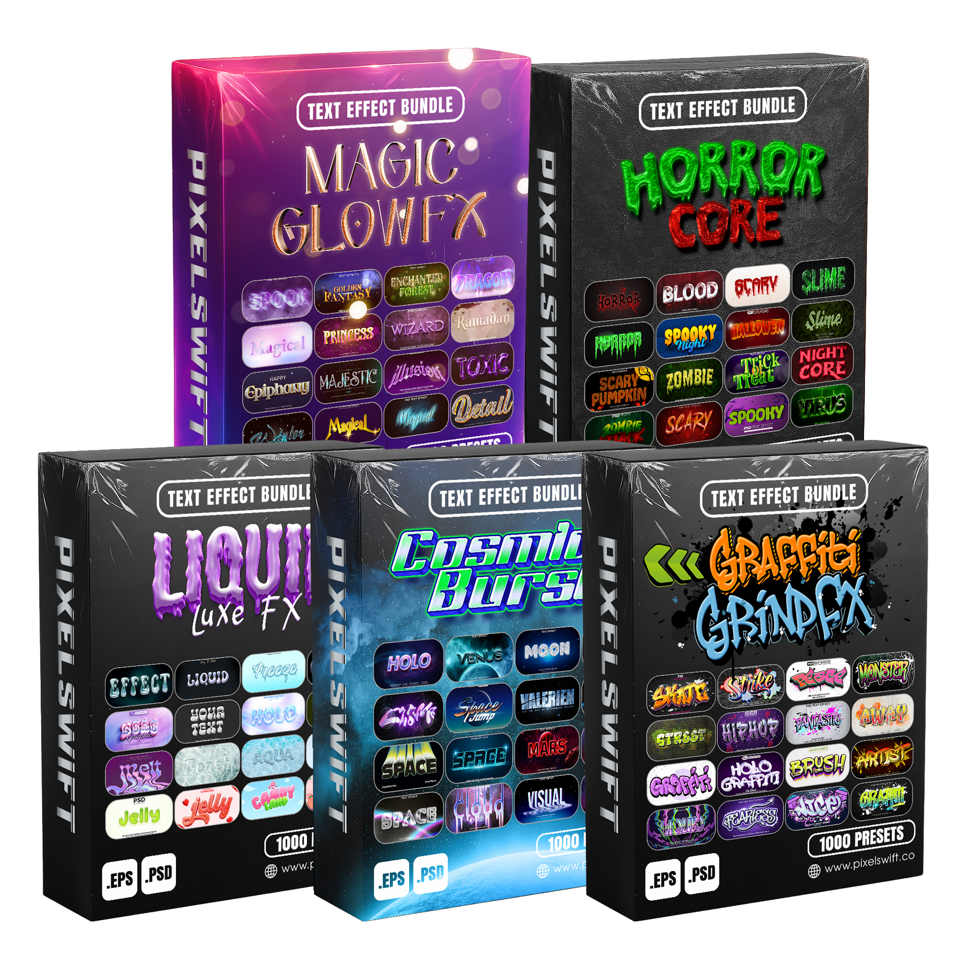 Fantasy FX Pack – 5,000+ Editable Graffiti, Cosmic, HorrorCore, Liquid & MagicGlow Text Effects (PSD + EPS)