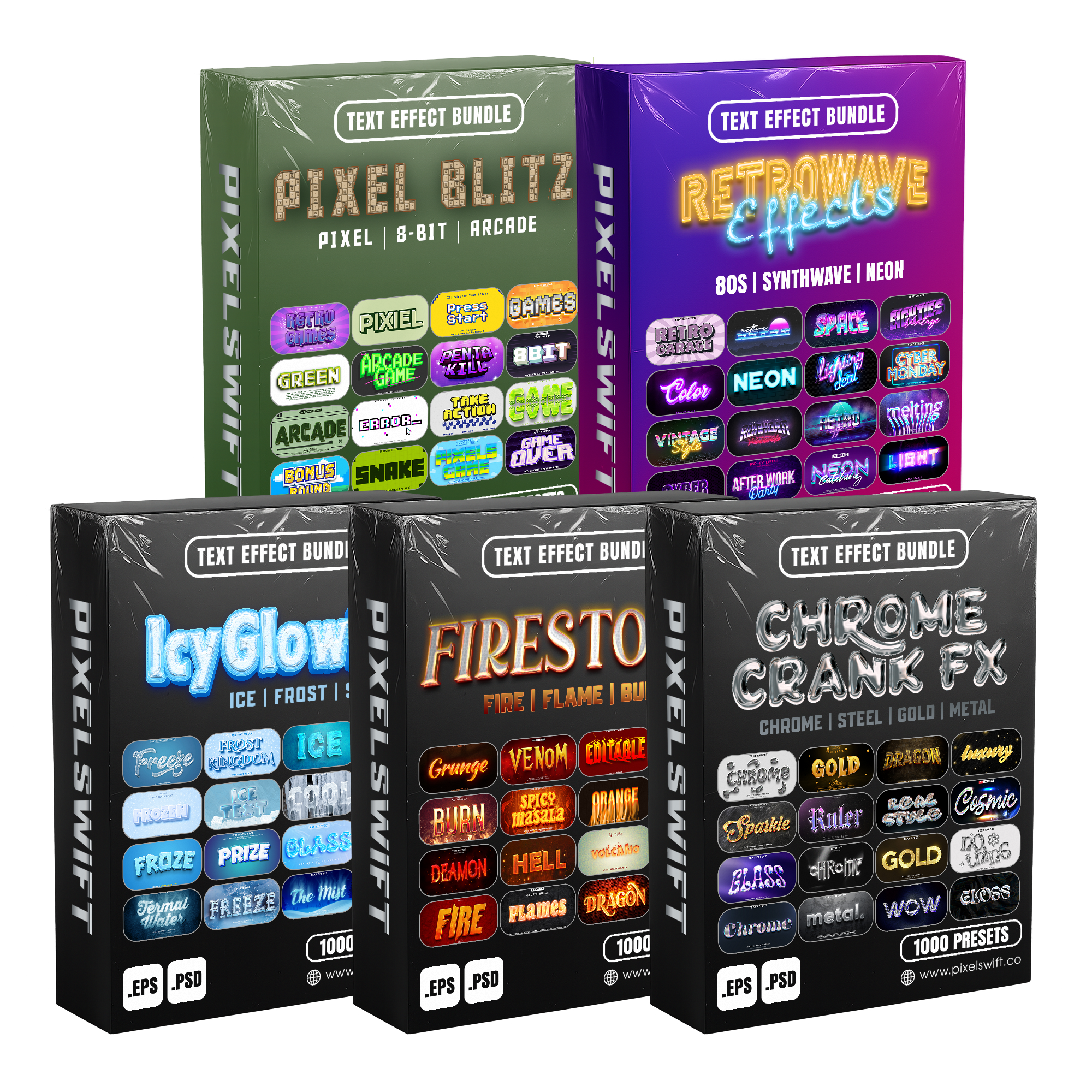 Power FX Pack – 5,000+ Editable Fire, Ice, Chrome, Retro & Pixel Text Effects (PSD + EPS)