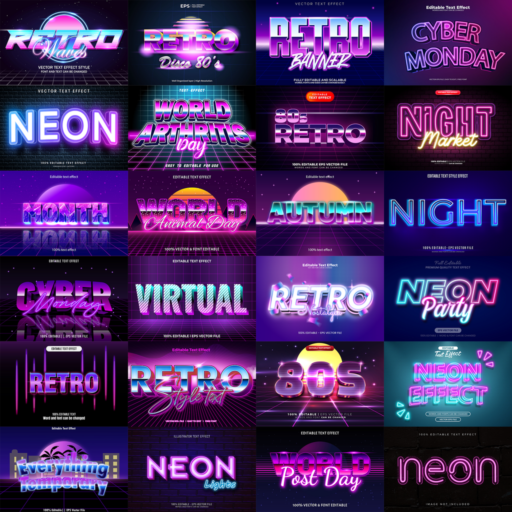 RetroWave FX – 1000+ Editable 80s, Synthwave, and Neon Text Effects (PSD & EPS)