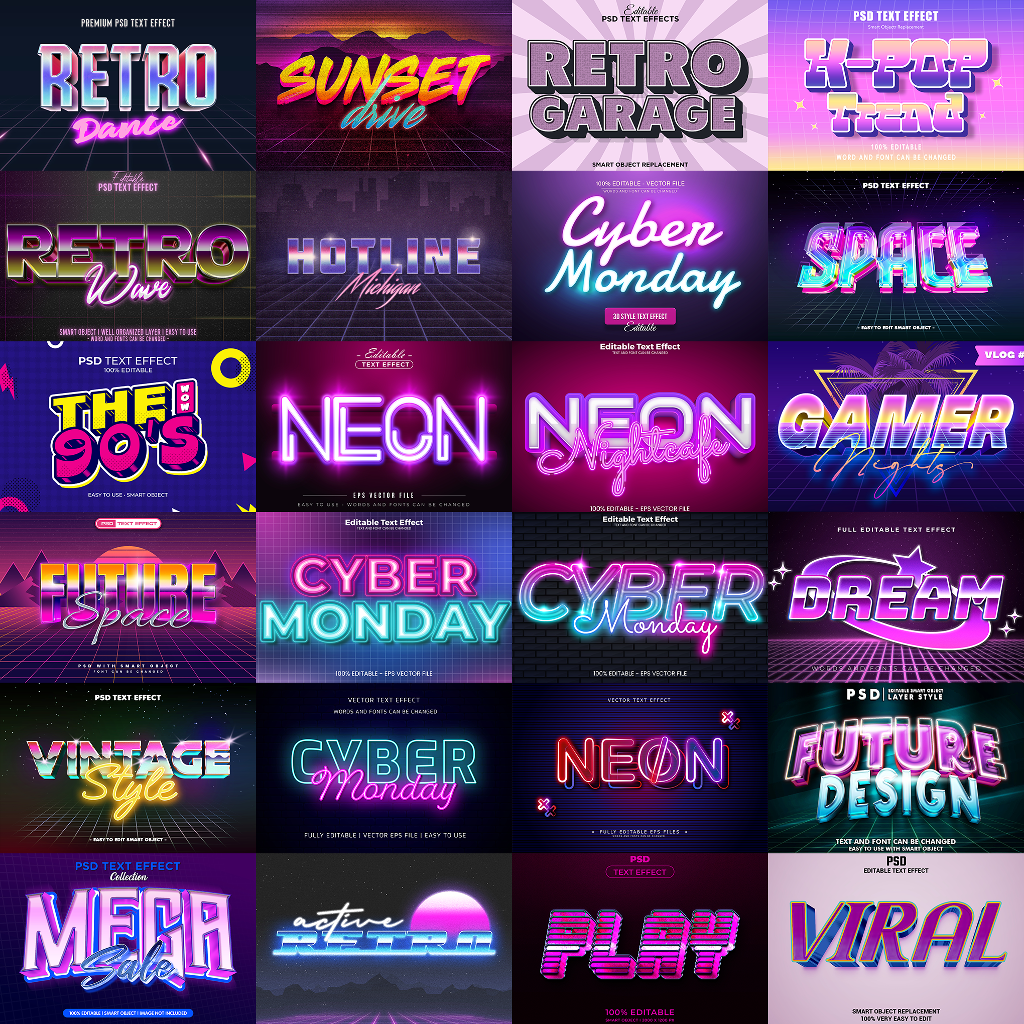 RetroWave FX – 1000+ Editable 80s, Synthwave, and Neon Text Effects (PSD & EPS)