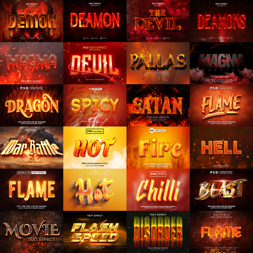 Power FX Pack – 5,000+ Editable Fire, Ice, Chrome, Stone & Smoke Text Effects (PSD + EPS)
