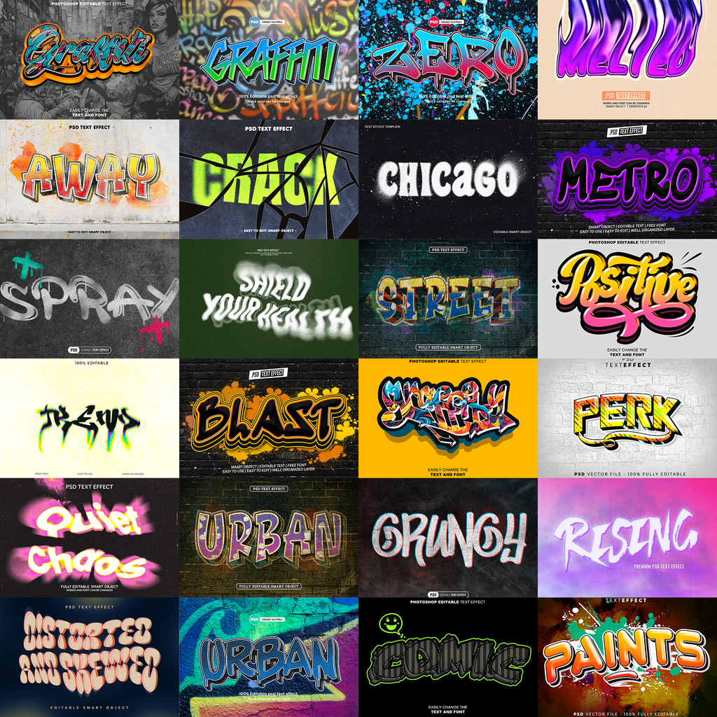 Graffiti Grind FX – 1000+ Editable Graffiti, Urban, & Street Text Effects (PSD + EPS)