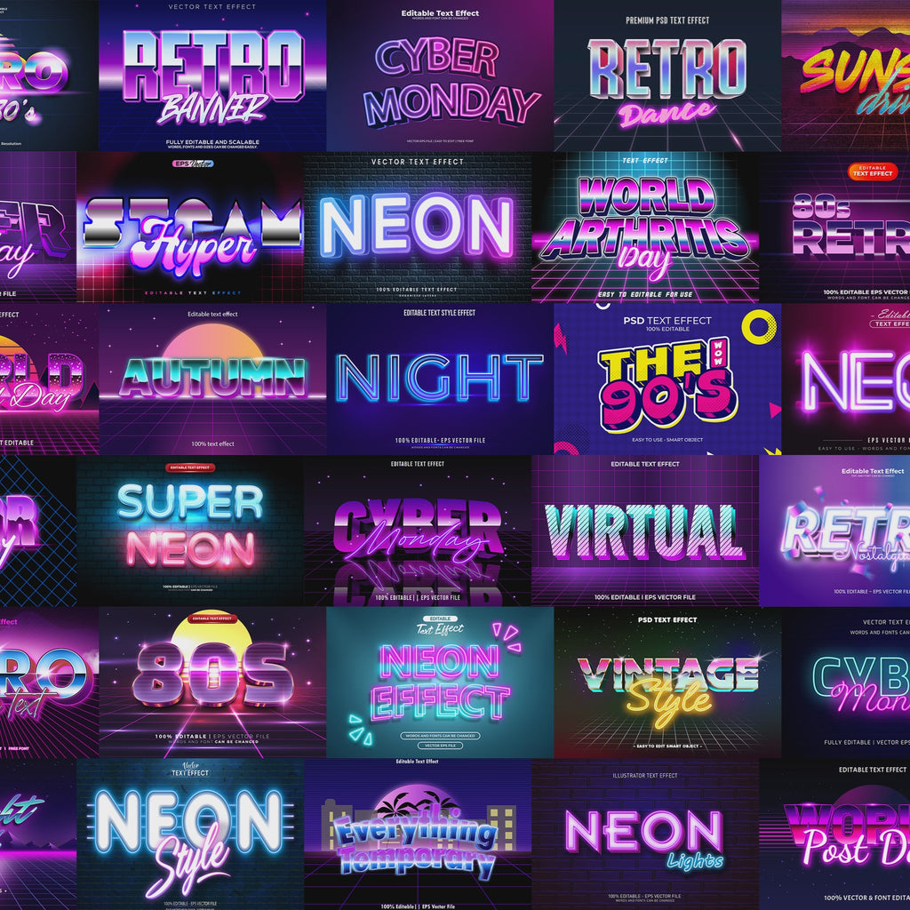 RetroWave FX – 1000+ Editable 80s, Synthwave, and Neon Text Effects (PSD & EPS)