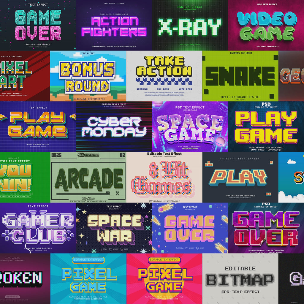 Pixel Blitz FX – 1000+ Editable Pixel, 8-bit, & Arcade Text Effects (PSD + EPS)