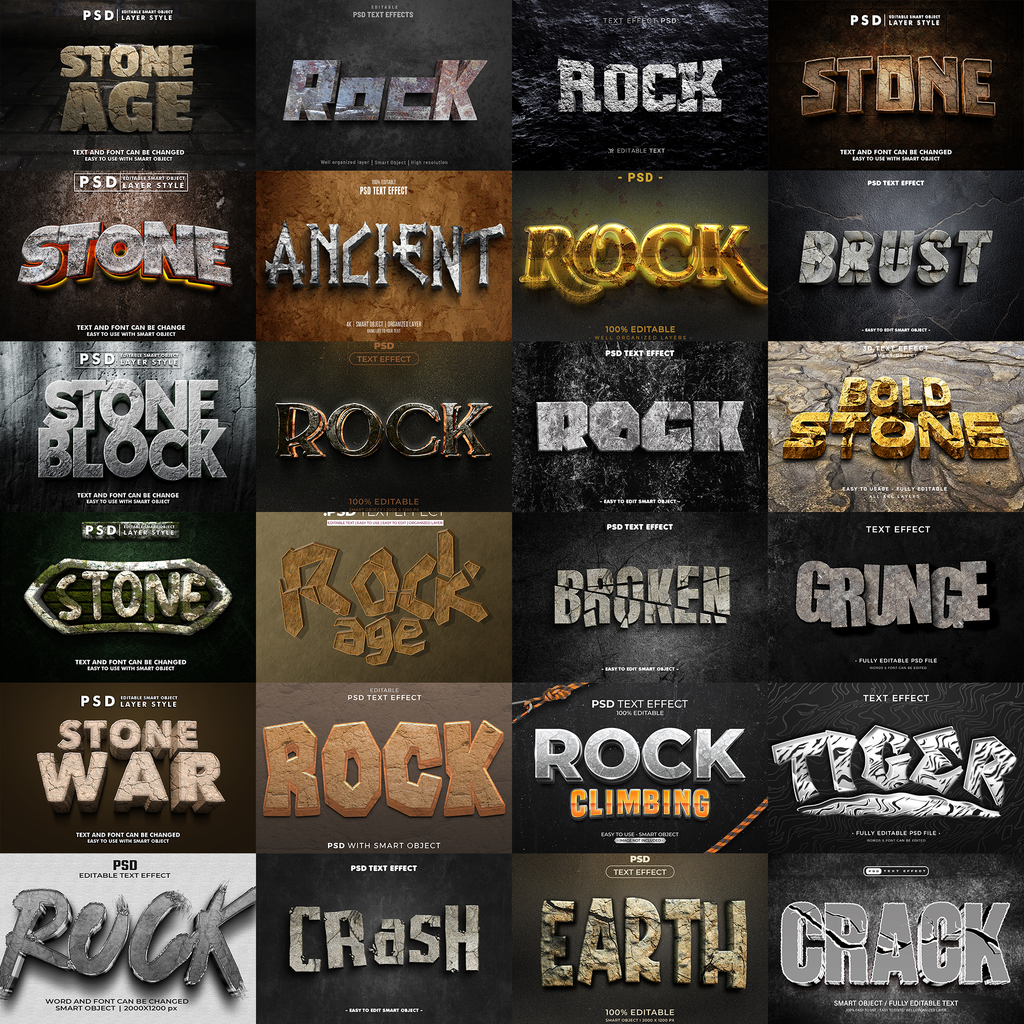 StoneForge FX – 1000+ Editable Engraved, Rock, & Stone Text Effects (PSD + EPS)