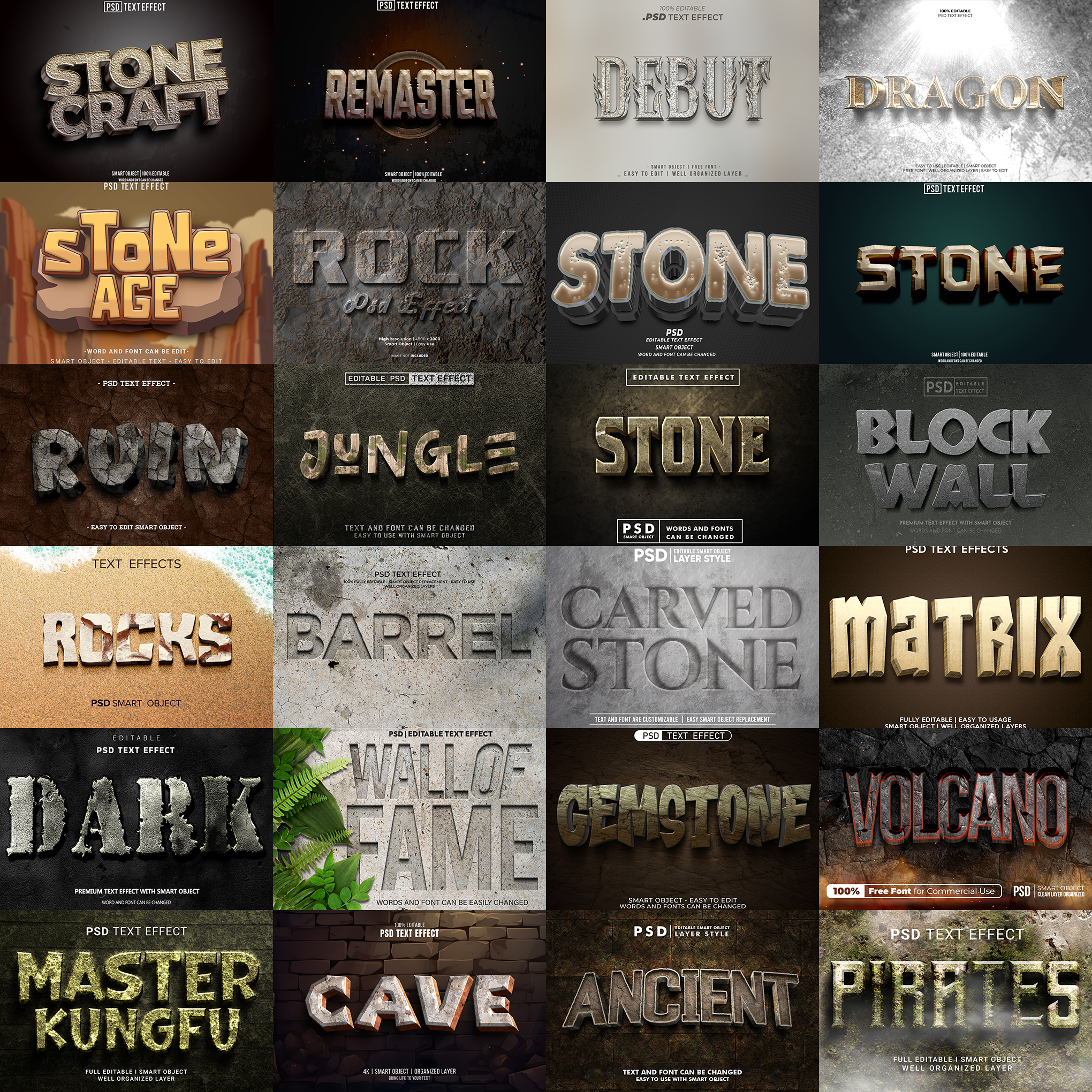 StoneForge FX – 1000+ Editable Engraved, Rock, & Stone Text Effects (PSD + EPS)