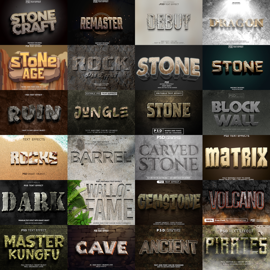 StoneForge FX – 1000+ Editable Engraved, Rock, & Stone Text Effects (PSD + EPS)